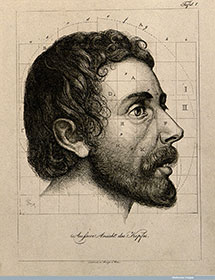 Wellcome images Head of bearded man. proportions marked. Etchingby A. von Perger, ca. 1850