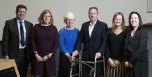 From left Mike Shore-Nye, Registrar, Emma Loosley, Jo Gill, Professor of English and Pro-Vice-Chancellor of the College of Humanities, Frank Gardner, Sally Faulkner, Janice Kaye, Provost